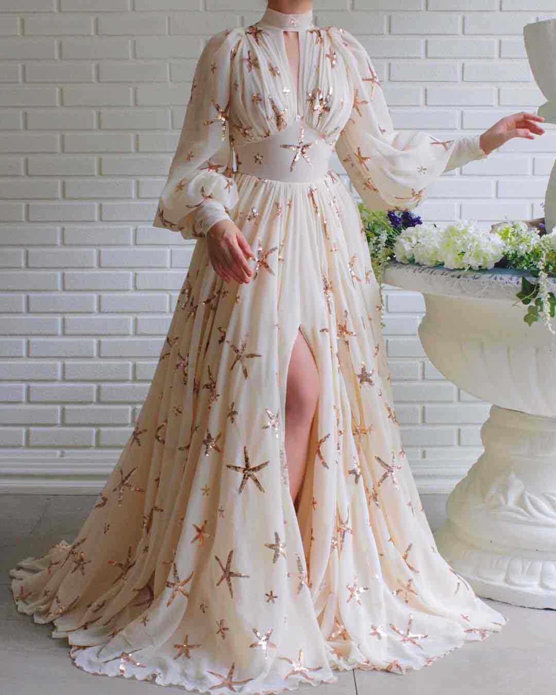 Stunning Semi-high Collar Sequin Gown with Lantern Sleeves and Slits