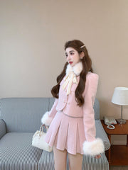 Women's Tweed Co-ord Set with Detachable Fur Collar Top and High Waist Pleated Skirt