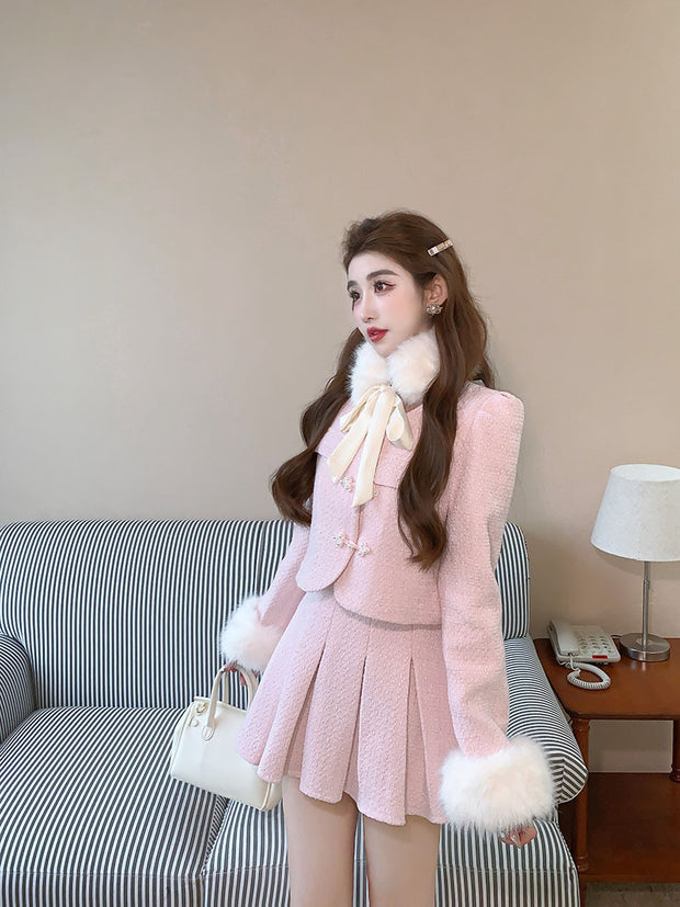 Women's Tweed Co-ord Set with Detachable Fur Collar Top and High Waist Pleated Skirt