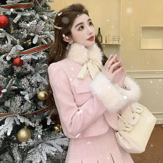 Women's Tweed Co-ord Set with Detachable Fur Collar Top and High Waist Pleated Skirt