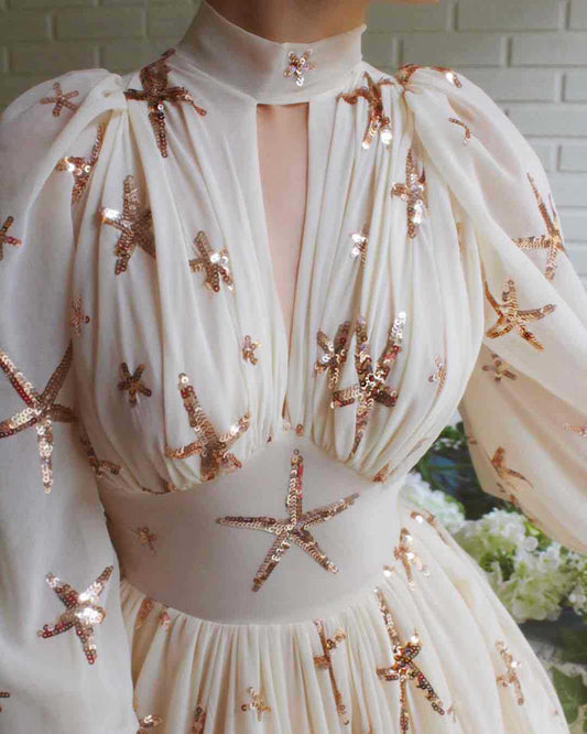 Stunning Semi-high Collar Sequin Gown with Lantern Sleeves and Slits