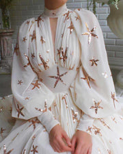 Stunning Semi-high Collar Sequin Gown with Lantern Sleeves and Slits