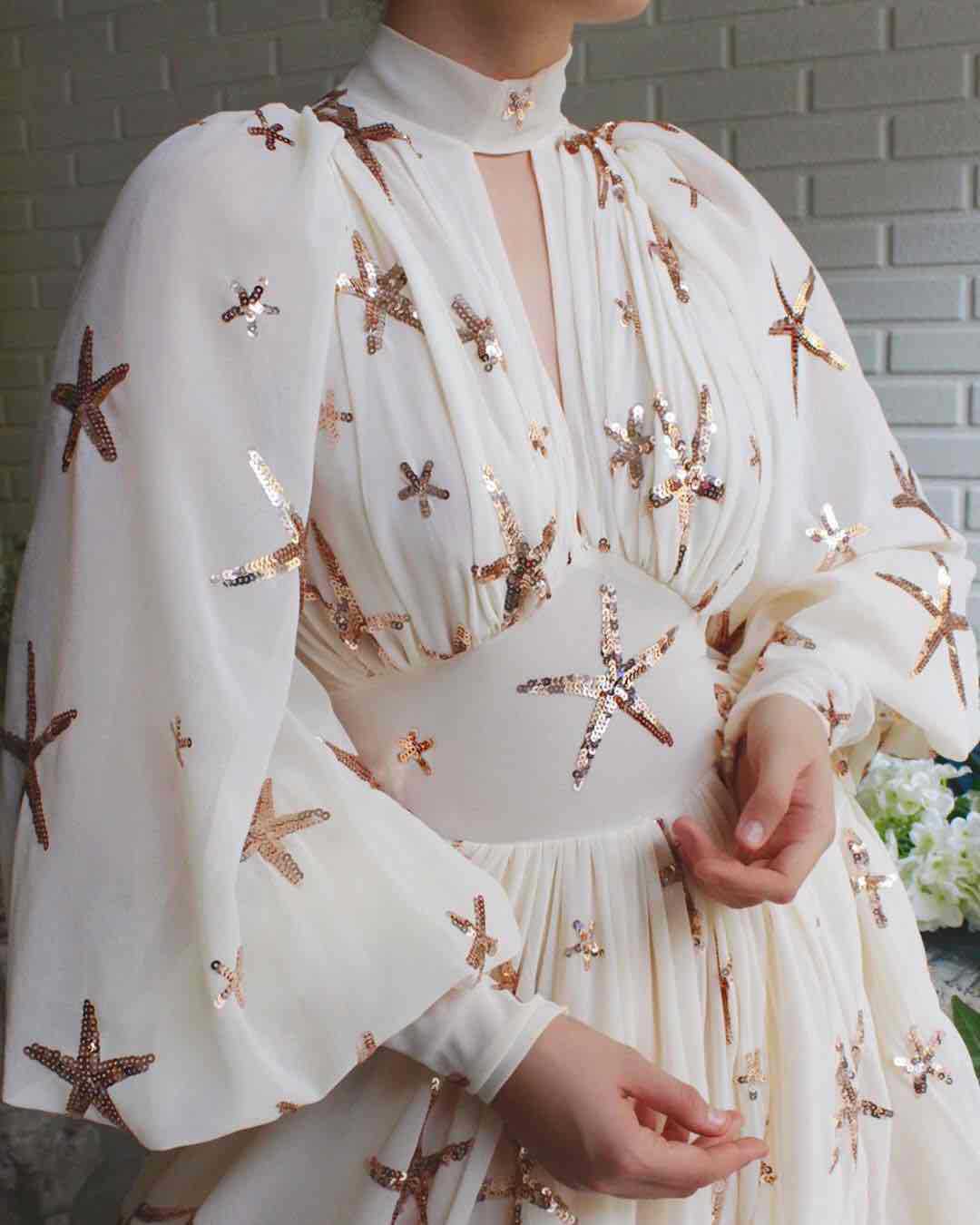 Stunning Semi-high Collar Sequin Gown with Lantern Sleeves and Slits