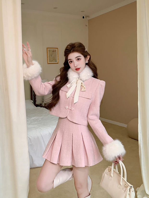 Women's Tweed Co-ord Set with Detachable Fur Collar Top and High Waist Pleated Skirt