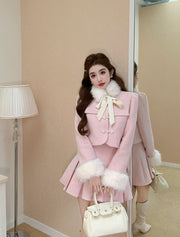 Women's Tweed Co-ord Set with Detachable Fur Collar Top and High Waist Pleated Skirt