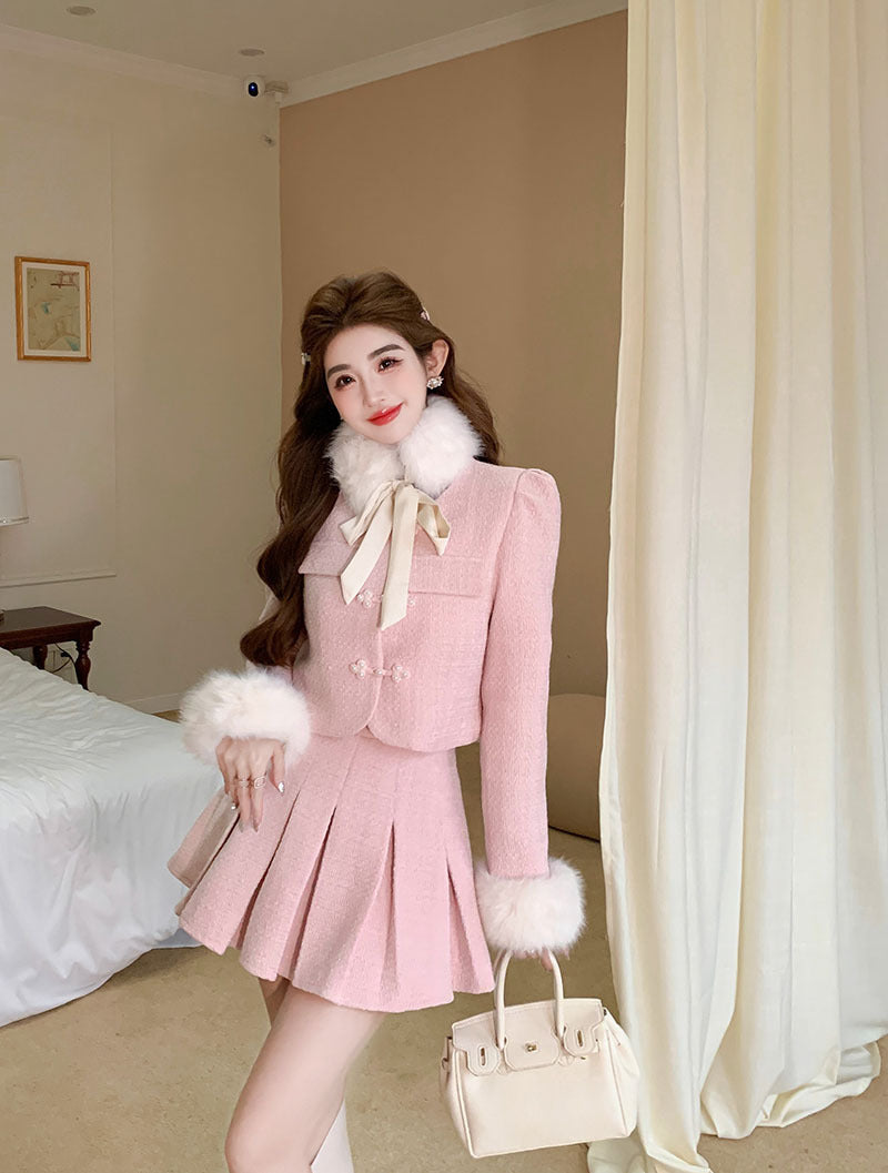 Women's Tweed Co-ord Set with Detachable Fur Collar Top and High Waist Pleated Skirt
