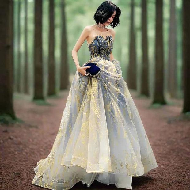 Ballroom Gold Lace Tulle Gown for Elegant Women - Snagged The Deal Dog