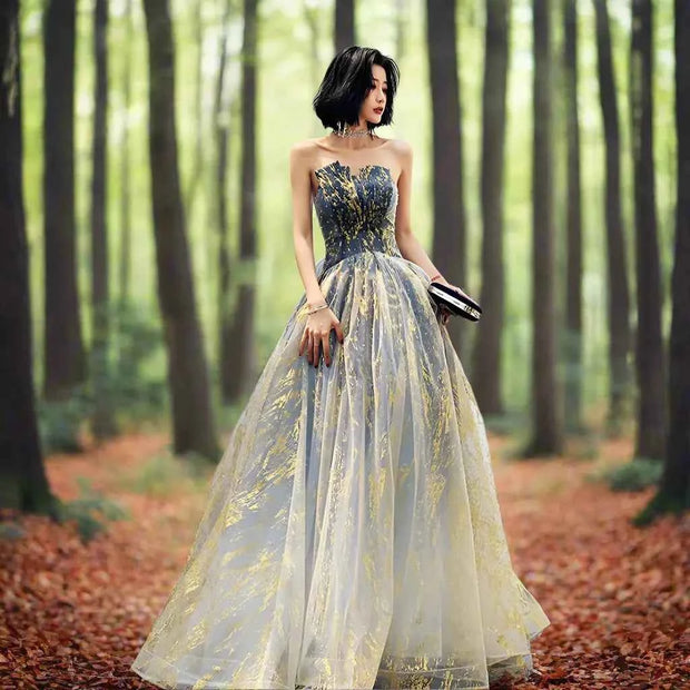 Ballroom Gold Lace Tulle Gown for Elegant Women - Snagged The Deal Dog