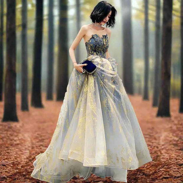 Ballroom Gold Lace Tulle Gown for Elegant Women - Snagged The Deal Dog