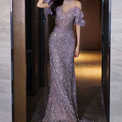 Lavender Sequin Halter Gown - Sparkle in Style With This Bold Evening Dress - Snagged The Deal Dog