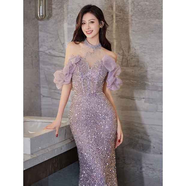 Lavender Sequin Halter Gown - Sparkle in Style With This Bold Evening Dress - Snagged The Deal Dog