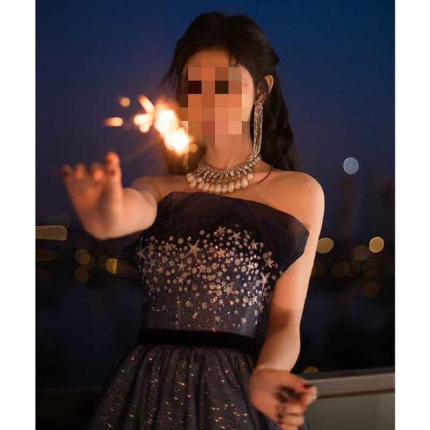 Stylish Starry Night Evening Gown – Blue Strapless Formal Dress for Women - Snagged The Deal Dog