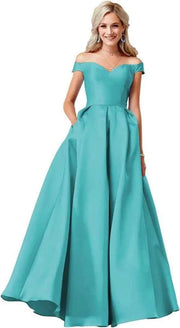 Red Satin Off Shoulder Ball Gown with Pockets for Elegant Occasions - Snagged The Deal Dog