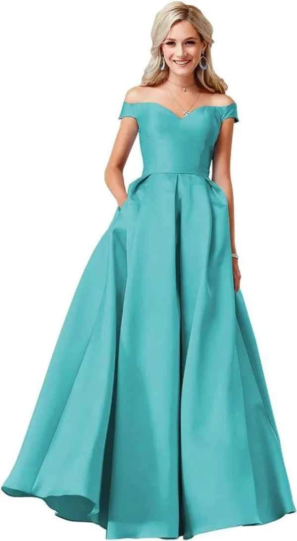 Red Satin Off Shoulder Ball Gown with Pockets for Elegant Occasions - Snagged The Deal Dog