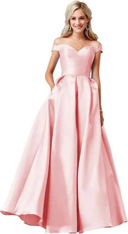 Red Satin Off Shoulder Ball Gown with Pockets for Elegant Occasions - Snagged The Deal Dog