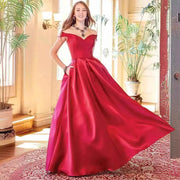 Red Satin Off Shoulder Ball Gown with Pockets for Elegant Occasions - Snagged The Deal Dog