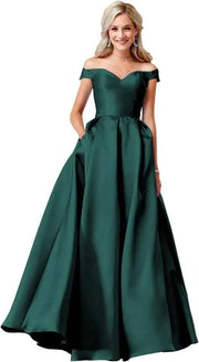 Red Satin Off Shoulder Ball Gown with Pockets for Elegant Occasions - Snagged The Deal Dog
