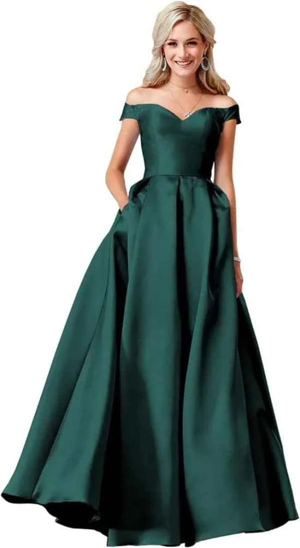 Red Satin Off Shoulder Ball Gown with Pockets for Elegant Occasions - Snagged The Deal Dog