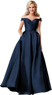 Red Satin Off Shoulder Ball Gown with Pockets for Elegant Occasions - Snagged The Deal Dog