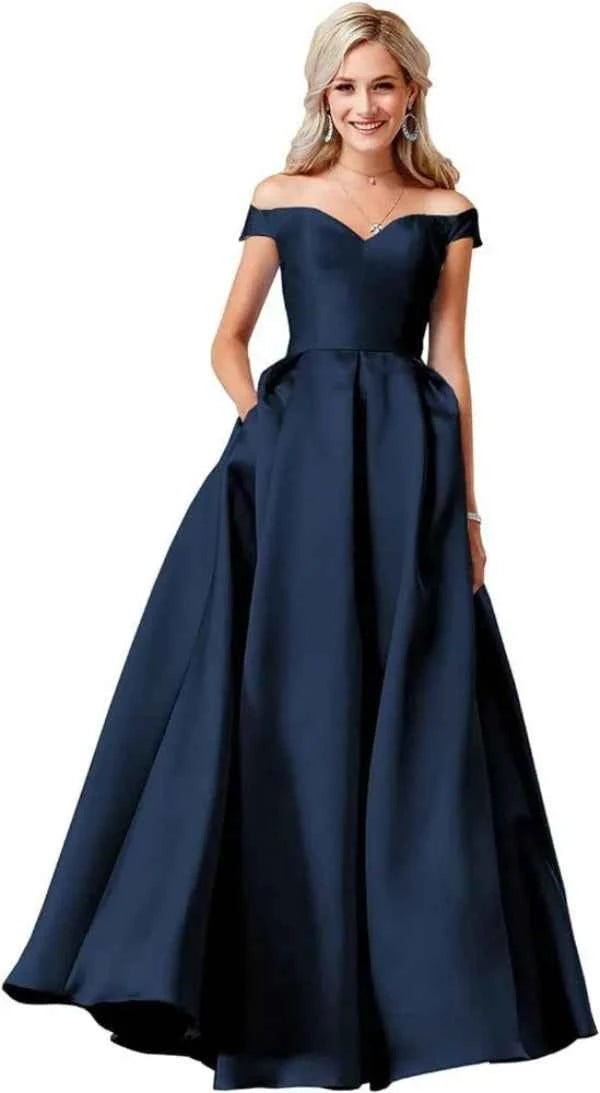 Red Satin Off Shoulder Ball Gown with Pockets for Elegant Occasions - Snagged The Deal Dog