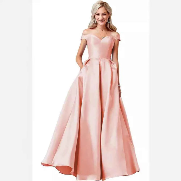 Red Satin Off Shoulder Ball Gown with Pockets for Elegant Occasions - Snagged The Deal Dog