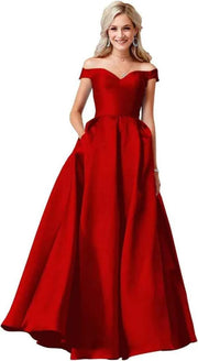 Red Satin Off Shoulder Ball Gown with Pockets for Elegant Occasions - Snagged The Deal Dog