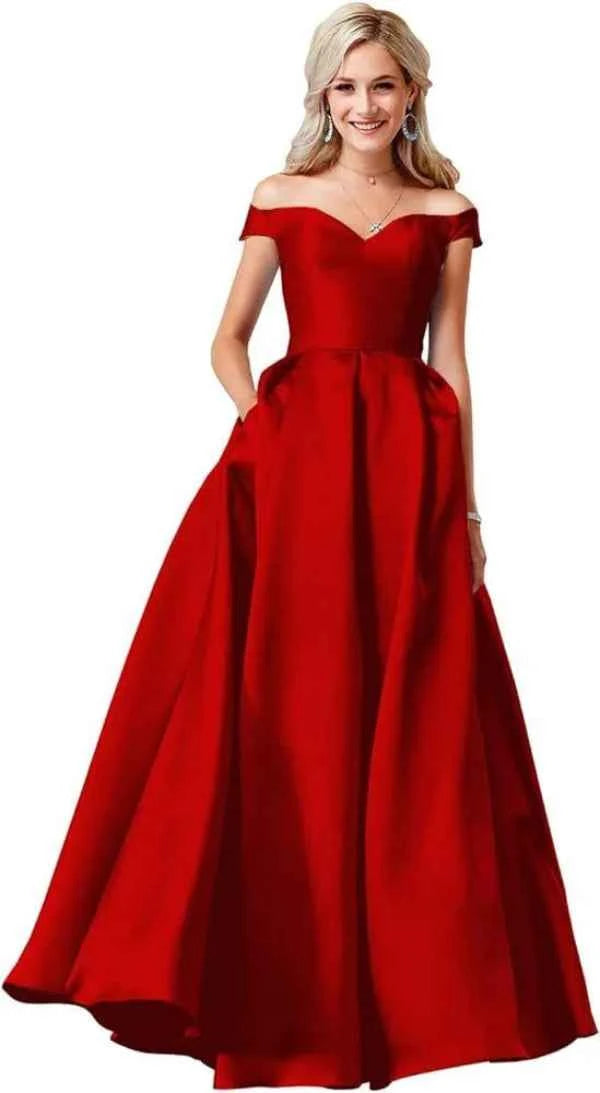 Red Satin Off Shoulder Ball Gown with Pockets for Elegant Occasions - Snagged The Deal Dog