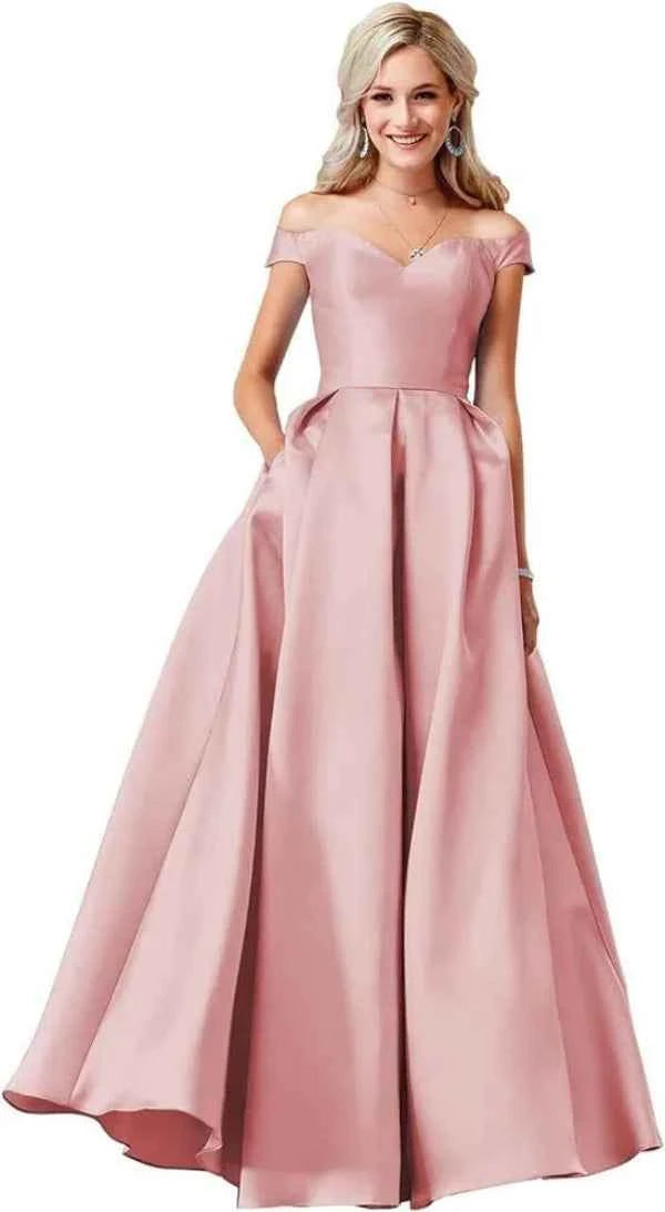 Red Satin Off Shoulder Ball Gown with Pockets for Elegant Occasions - Snagged The Deal Dog