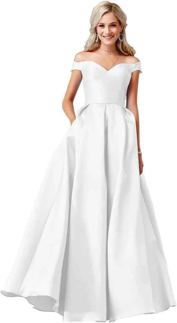 Red Satin Off Shoulder Ball Gown with Pockets for Elegant Occasions - Snagged The Deal Dog