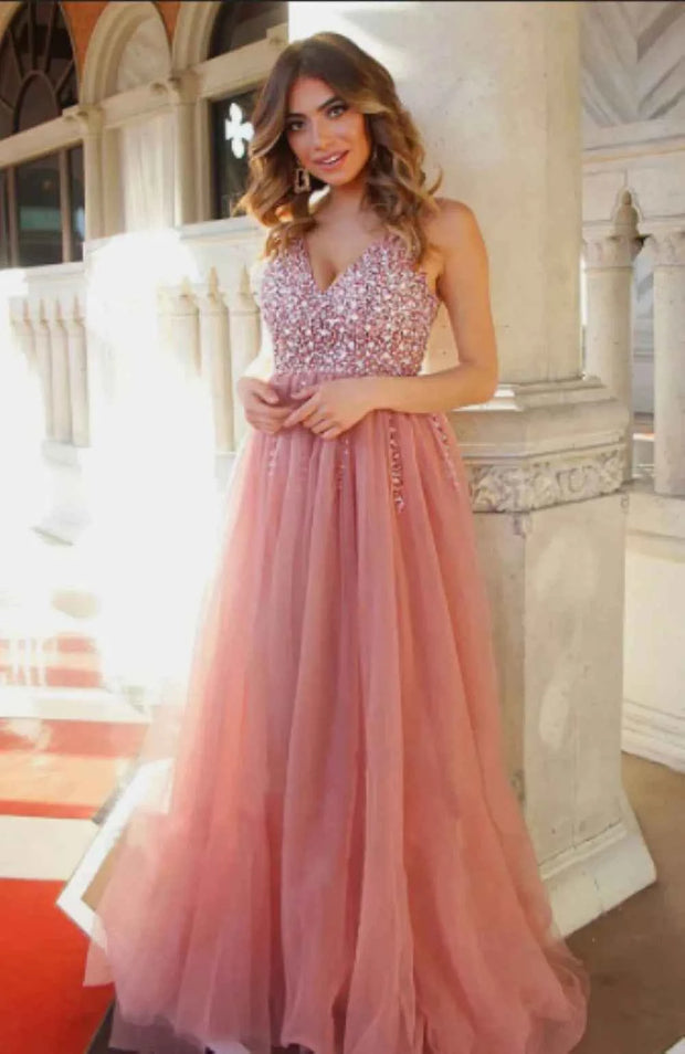 Sexy Deep V Sequin Gown with Sheer Tulle Skirt for Elegant Evening Wear - Snagged The Deal Dog