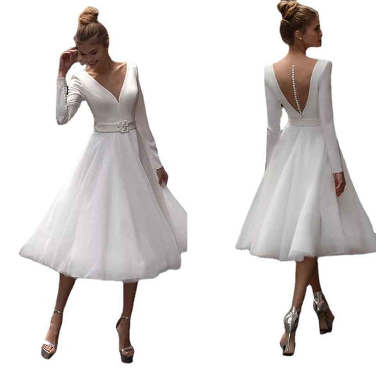 Belted Promise Dress with V-Neck Tea-Length Tulle - Snagged The Deal Dog