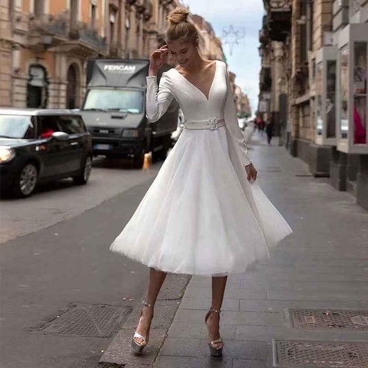 Belted Promise Dress with V-Neck Tea-Length Tulle - Snagged The Deal Dog