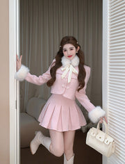 Women's Tweed Co-ord Set with Detachable Fur Collar Top and High Waist Pleated Skirt
