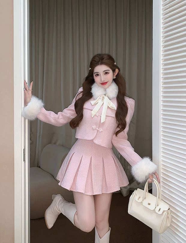 Women's Tweed Co-ord Set with Detachable Fur Collar Top and High Waist Pleated Skirt