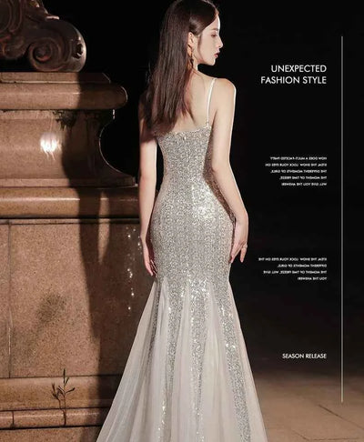 Fishtail Banquet Silver Camisole Gown for Elegant Evening Wear - Snagged The Deal Dog