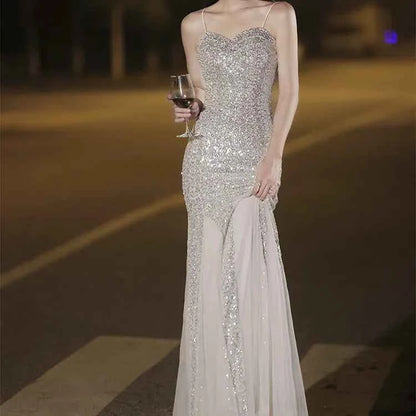 Fishtail Banquet Silver Camisole Gown for Elegant Evening Wear - Snagged The Deal Dog