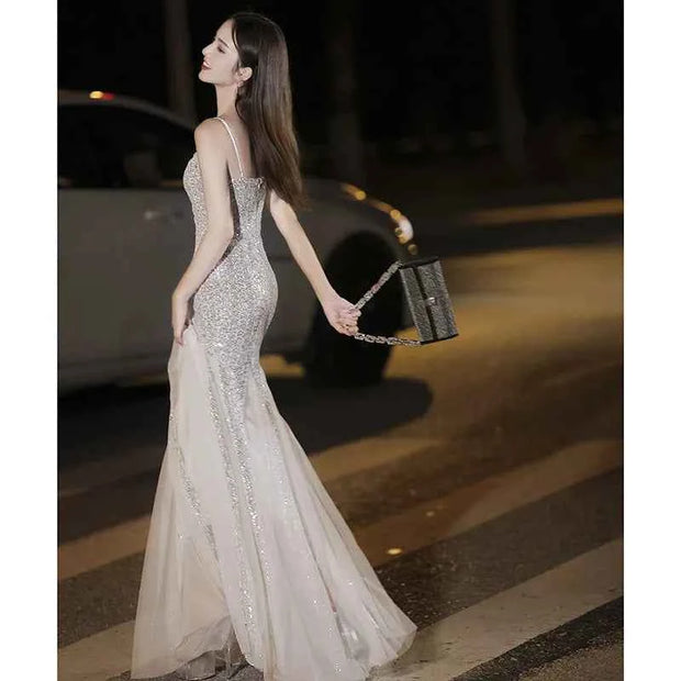 Fishtail Banquet Silver Camisole Gown for Elegant Evening Wear - Snagged The Deal Dog