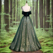 Emerald Velvet Fairycore Evening Gown Gold Floral Tulle - Snagged The Deal Dog