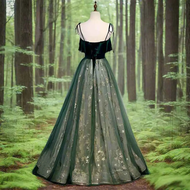 Emerald Velvet Fairycore Evening Gown Gold Floral Tulle - Snagged The Deal Dog