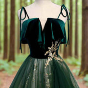 Emerald Velvet Fairycore Evening Gown Gold Floral Tulle - Snagged The Deal Dog