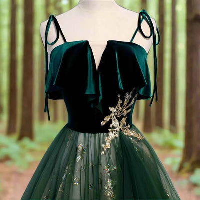 Emerald Velvet Fairycore Evening Gown Gold Floral Tulle - Snagged The Deal Dog