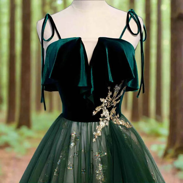 Emerald Velvet Fairycore Evening Gown Gold Floral Tulle - Snagged The Deal Dog