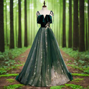 Emerald Velvet Fairycore Evening Gown Gold Floral Tulle - Snagged The Deal Dog