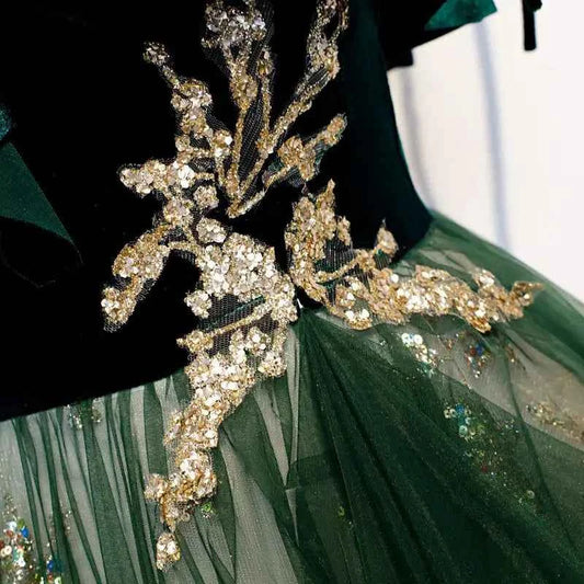 Emerald Velvet Fairycore Evening Gown Gold Floral Tulle - Snagged The Deal Dog