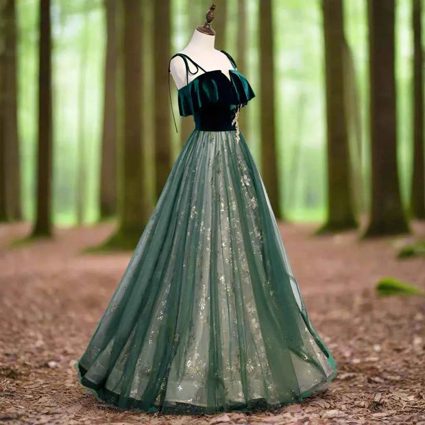 Emerald Velvet Fairycore Evening Gown Gold Floral Tulle - Snagged The Deal Dog