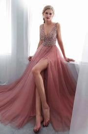 Sexy Deep V Sequin Gown with Sheer Tulle Skirt for Elegant Evening Wear - Snagged The Deal Dog