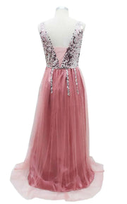 Sexy Deep V Sequin Gown with Sheer Tulle Skirt for Elegant Evening Wear - Snagged The Deal Dog