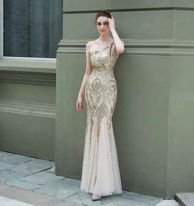 One-Shoulder Mermaid Silhouette Evening Dress - Fairy Fantasy Design - Snagged The Deal Dog
