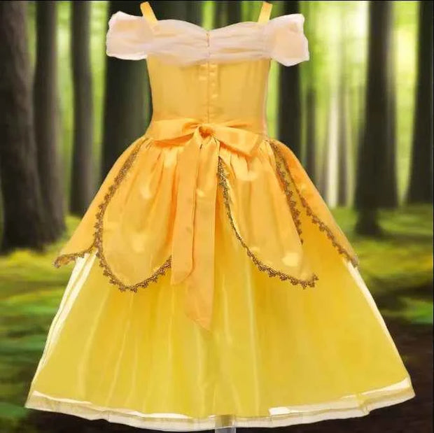 Girls Belle Yellow Princess Dress with Lace Tulle for Halloween - Snagged The Deal Dog