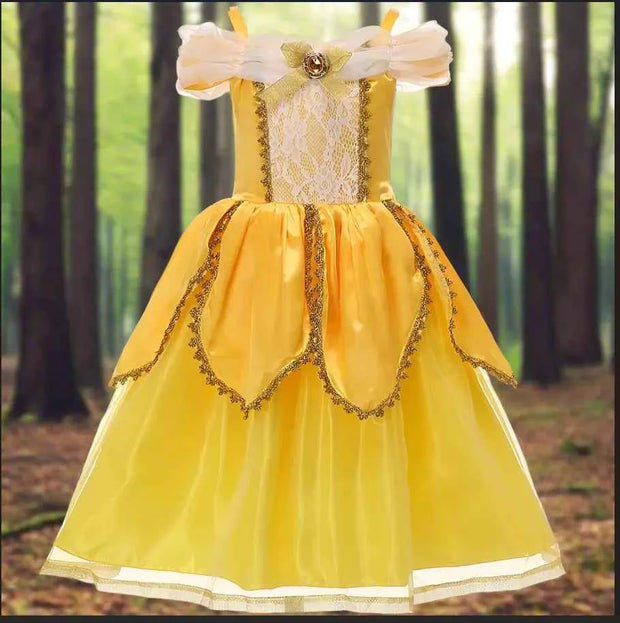 Girls Belle Yellow Princess Dress with Lace Tulle for Halloween - Snagged The Deal Dog